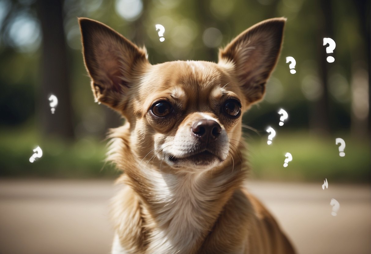 A chihuahua with drooping ears looks up curiously, surrounded by question marks and the words "Frequently Asked Questions" in French