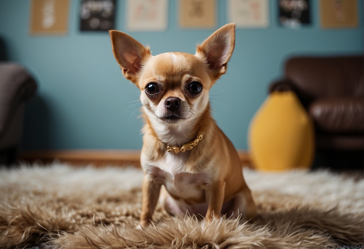 A chihuahua sits on a rug, surrounded by tufts of fur. Its coat appears patchy and thin, with loose strands of hair scattered around the room