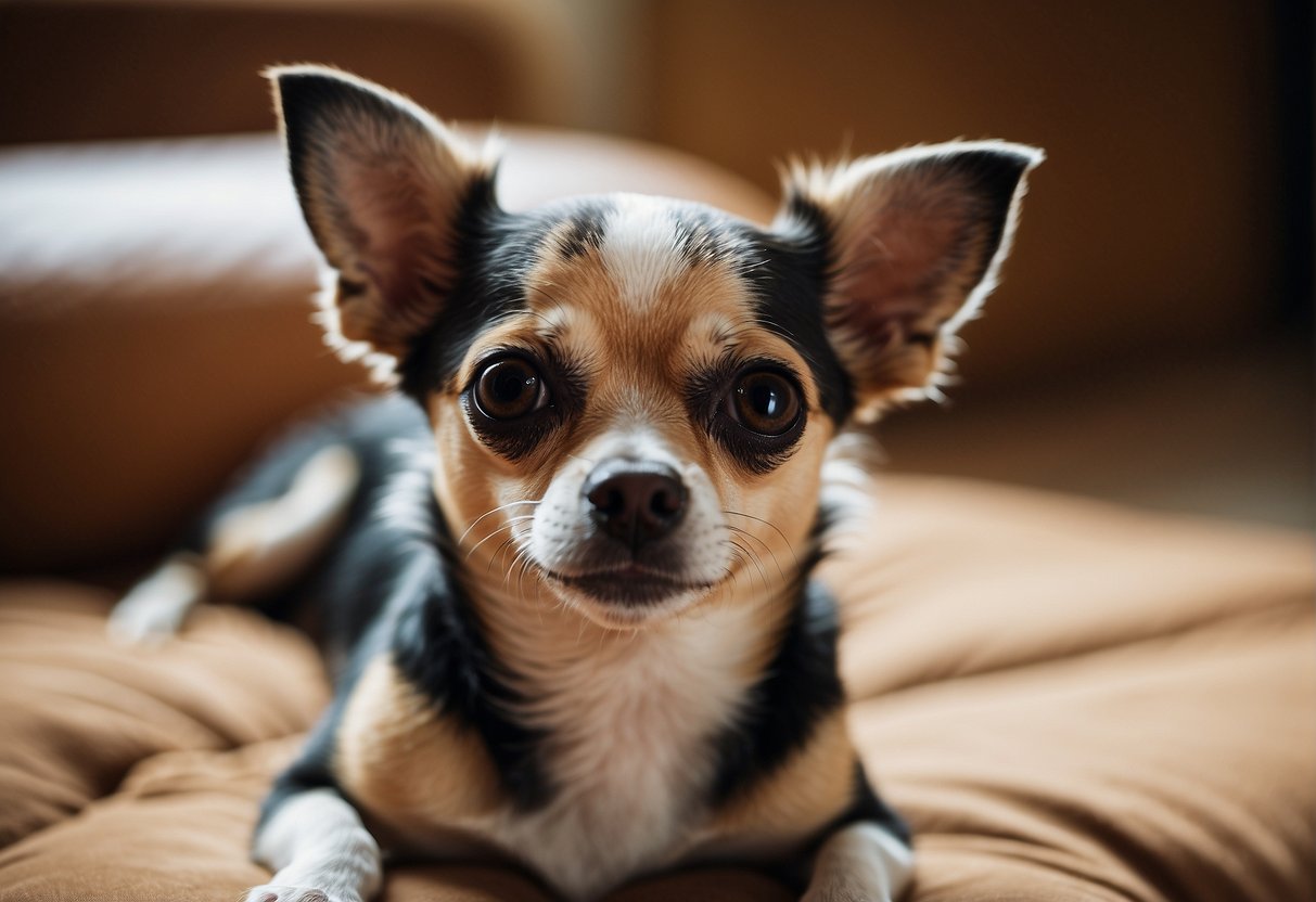 A chihuahua shedding fur in various locations, such as on furniture, clothing, and the floor, with patches of bare skin visible