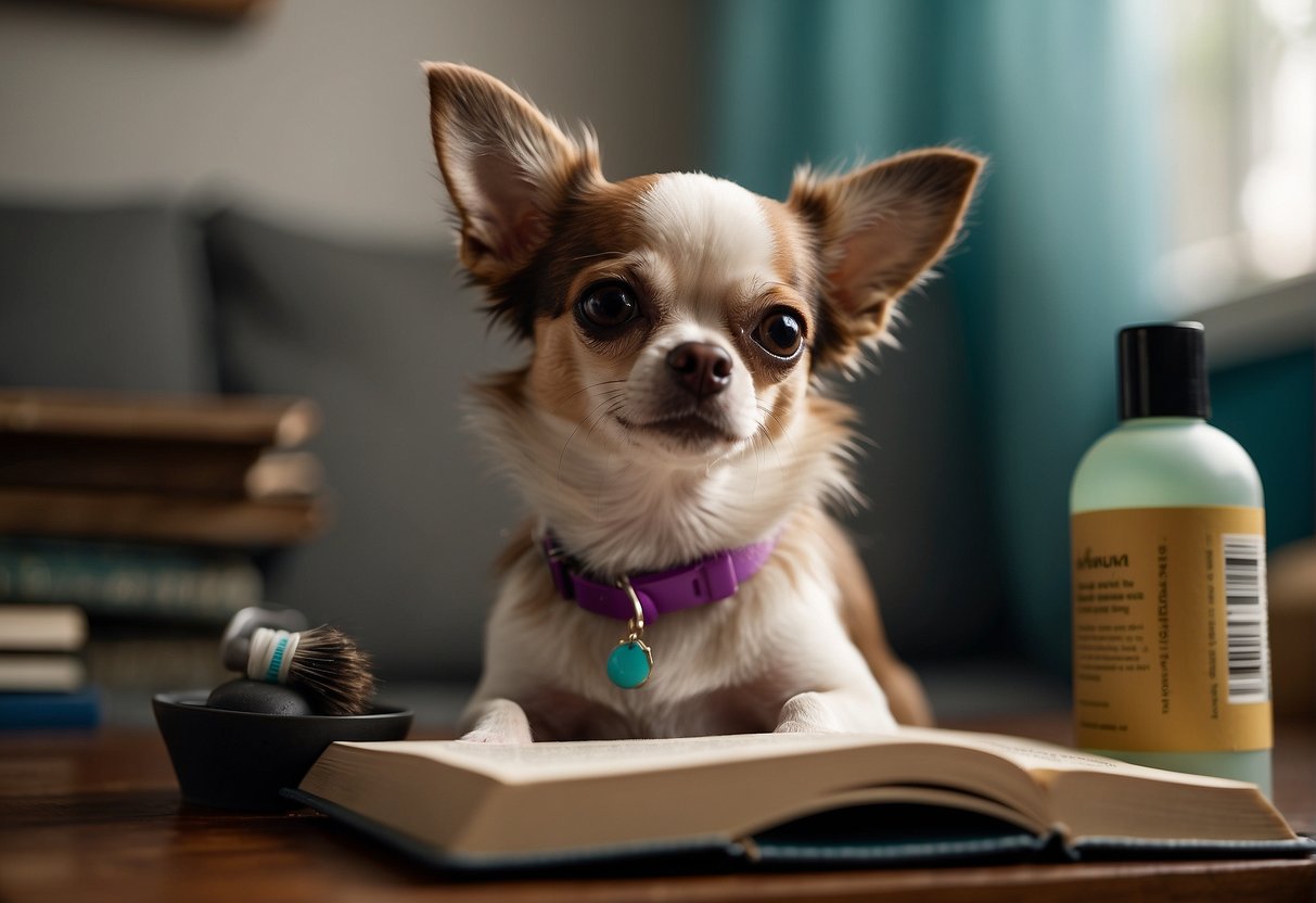 A chihuahua with patchy fur sits near a shedding brush and a bottle of pet shampoo, while a concerned owner looks at a book about pet care