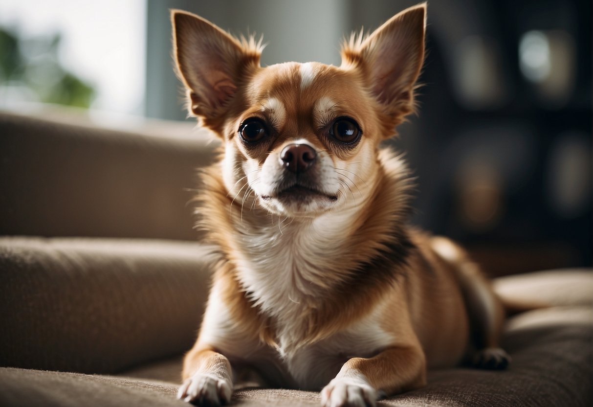 A chihuahua shedding its fur in various locations around the house, including on furniture, carpets, and clothing