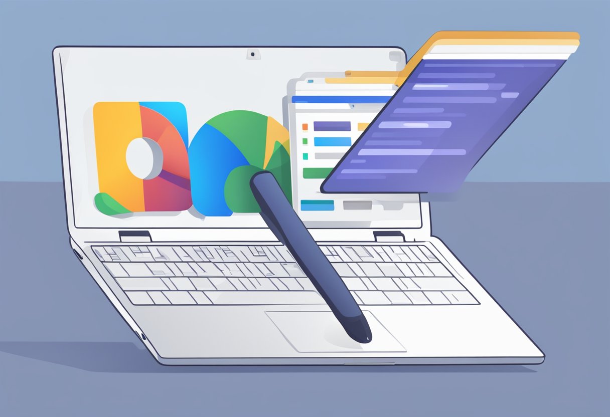 An open laptop with the Outlook search bar visible. A cursor hovers over the search bar, with a dropdown menu showing options to disable top results
