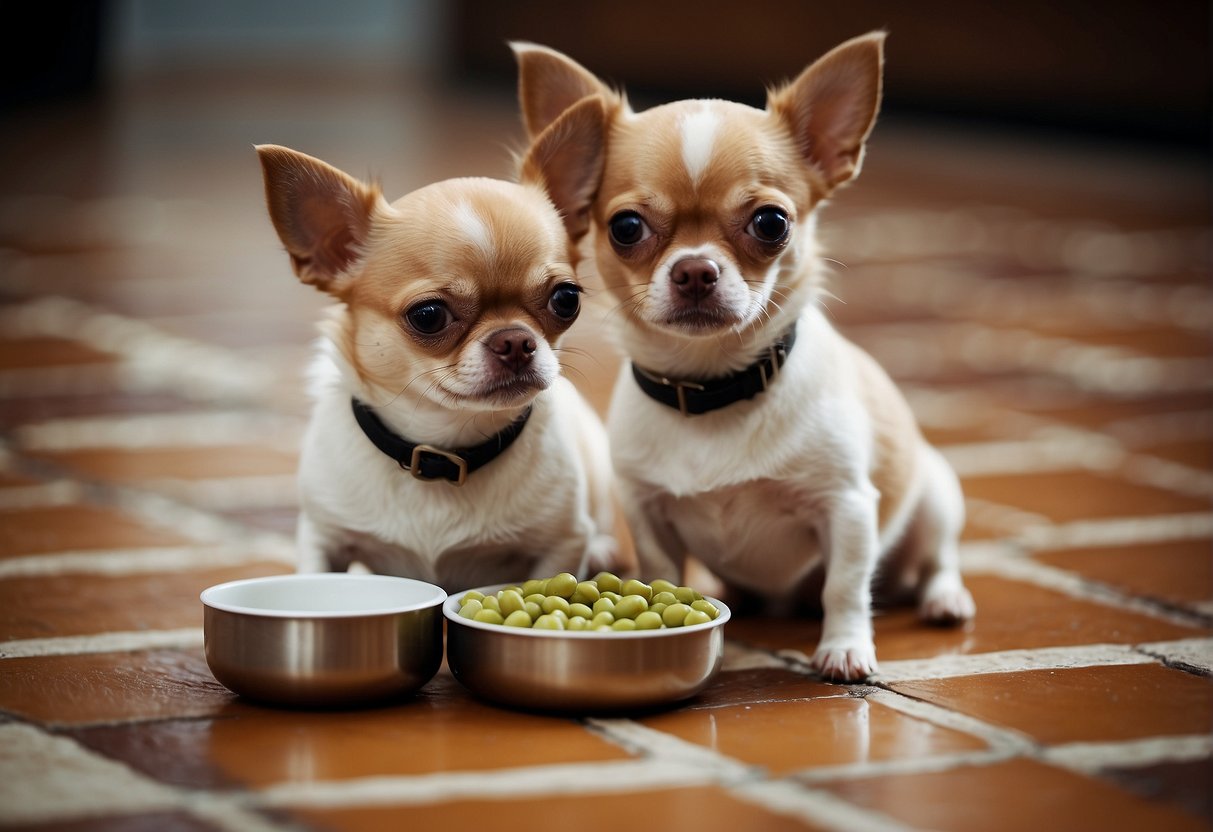 Two chihuahuas eating from small food bowls on a tiled floor
