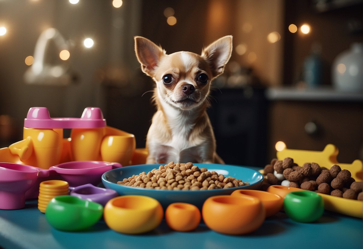 A Chihuahua eating from a small bowl of dog food, surrounded by toys and a water dish, with a chart of nutritional needs in the background