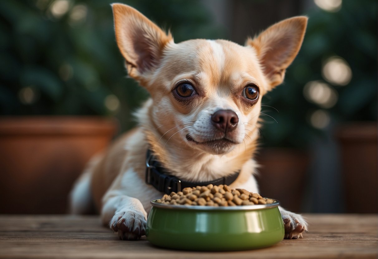 A chihuahua eating from a small bowl of dog food, with a curious expression on its face