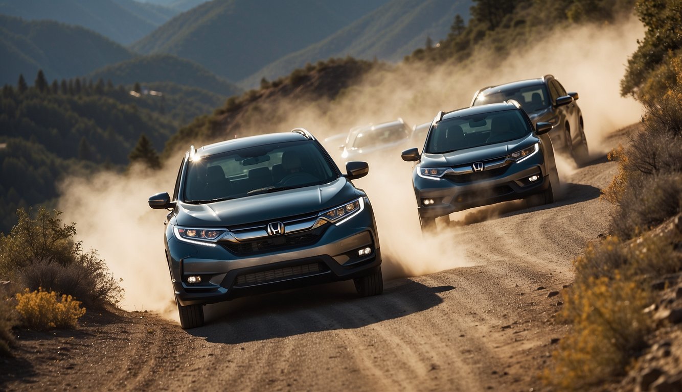 A fleet of Honda CR-Vs racing on a winding mountain road. The sleek, powerful vehicles zoom around curves, kicking up dust and leaving a trail of excitement in their wake