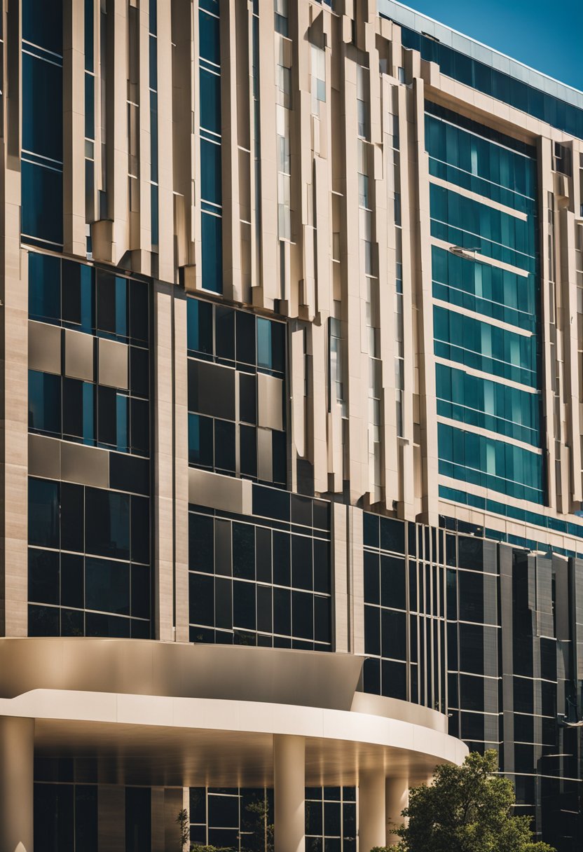 A modern hotel stands tall next to the bustling Waco Convention Center, with sleek architecture and a vibrant atmosphere