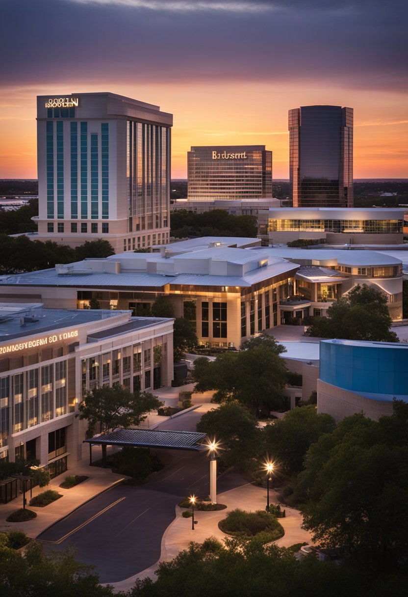 A cluster of modern hotels surround the bustling Waco Convention Center, with vibrant signage and welcoming entrances. The sun sets behind the buildings, casting a warm glow over the area