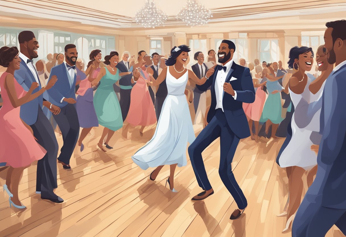 Guests twirl and sway on the dance floor, moving to the rhythm of the music. Laughter fills the air as they celebrate the joyous occasion
