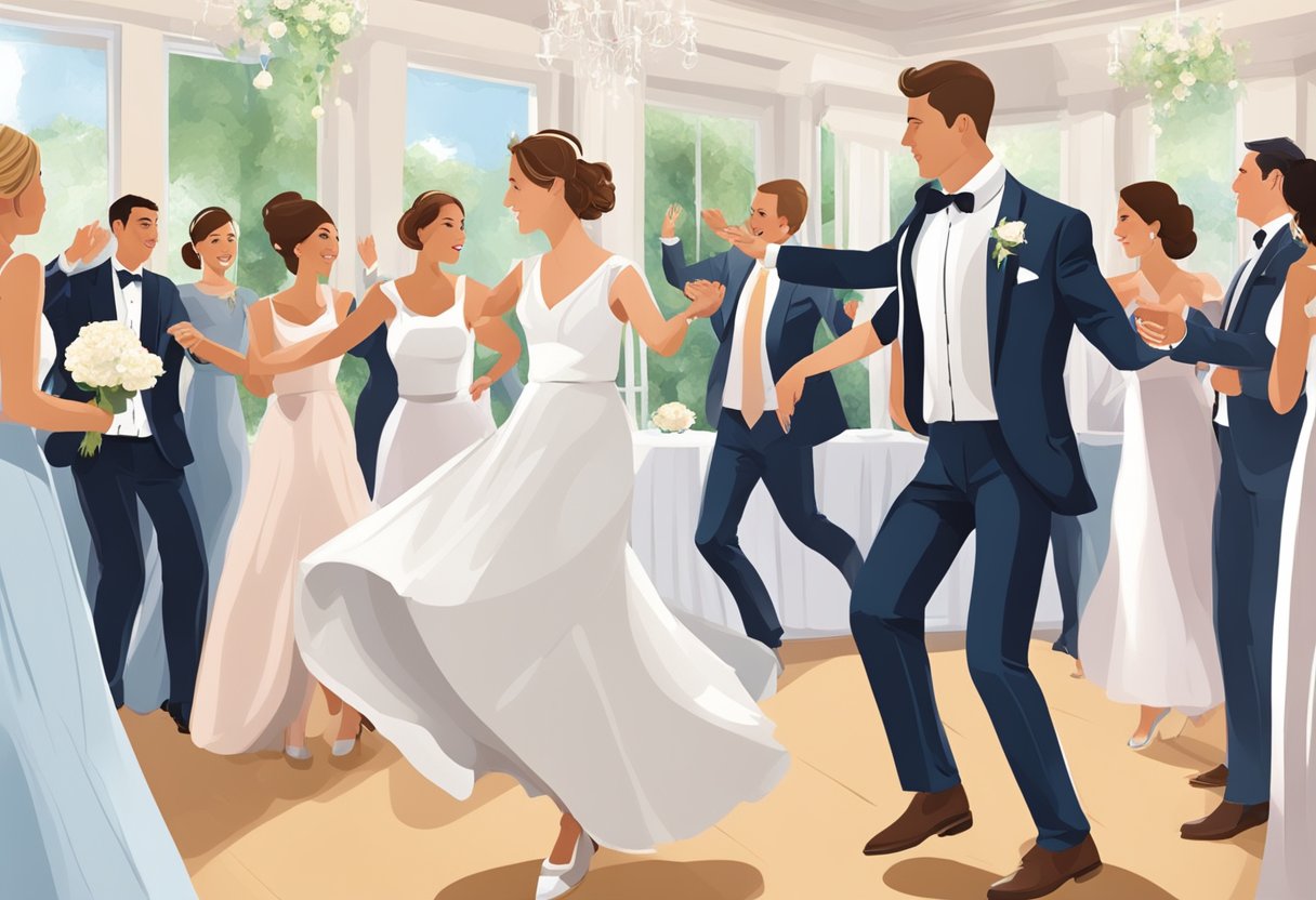 Wedding professionals demonstrate dance steps at a reception