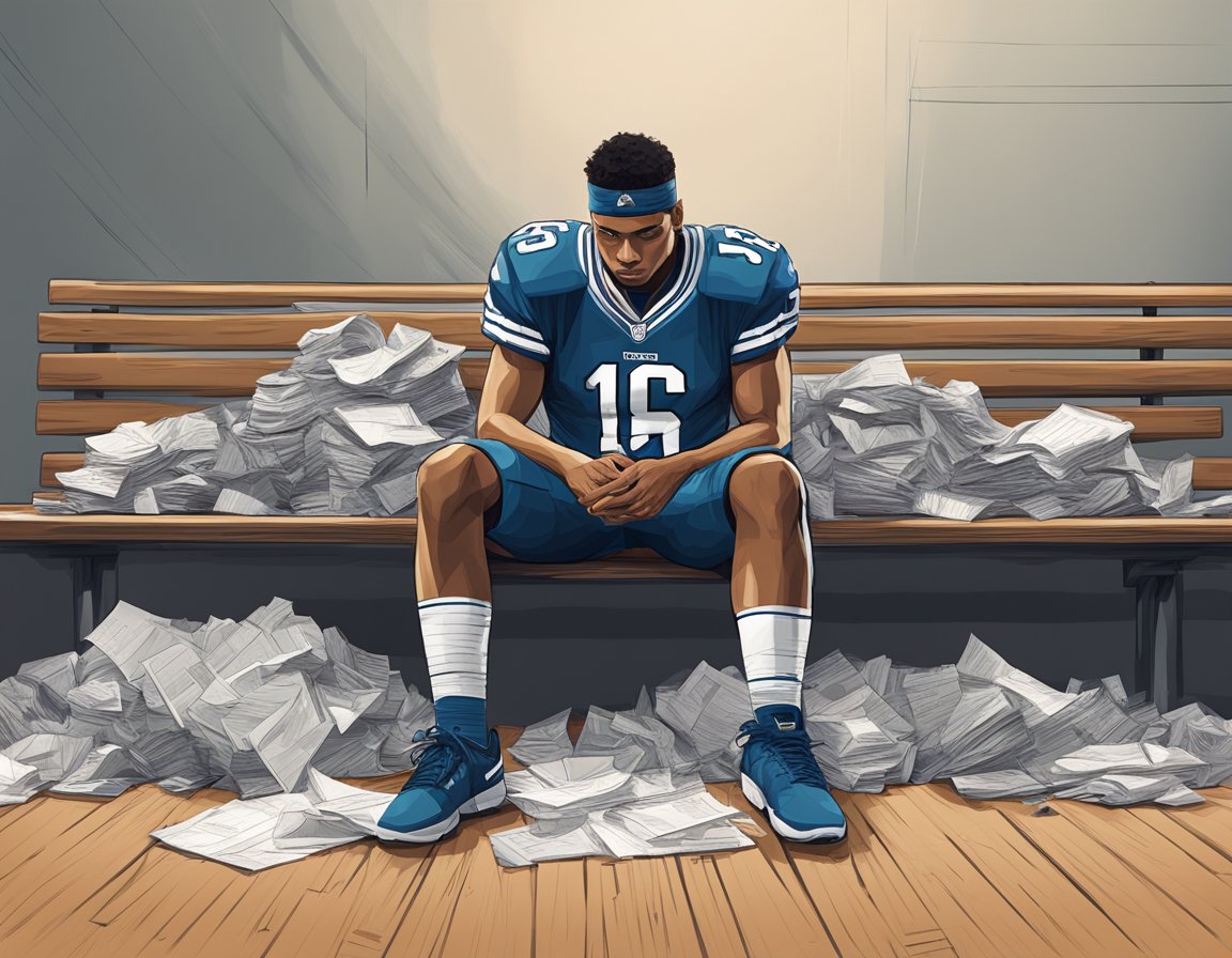 A dejected athlete sits alone on the bench, surrounded by discarded papers and crumpled draft picks