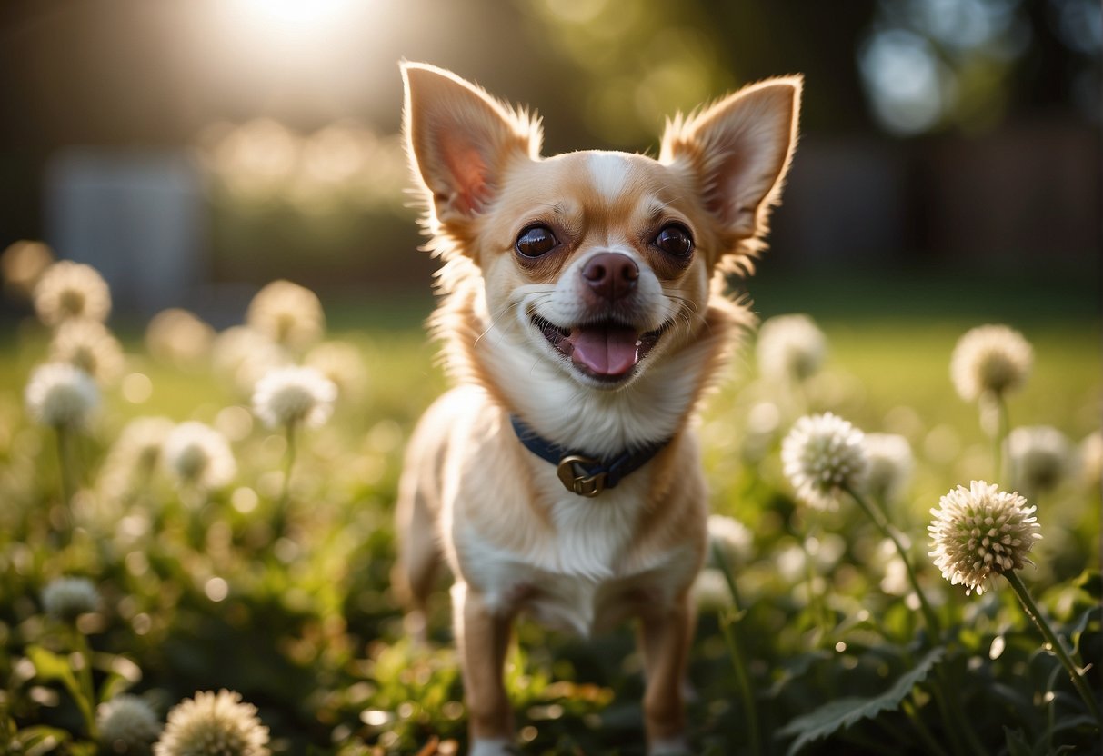 A lively Chihuahua with bright eyes and a shiny coat plays in a sunny garden, displaying its petite size and energetic nature