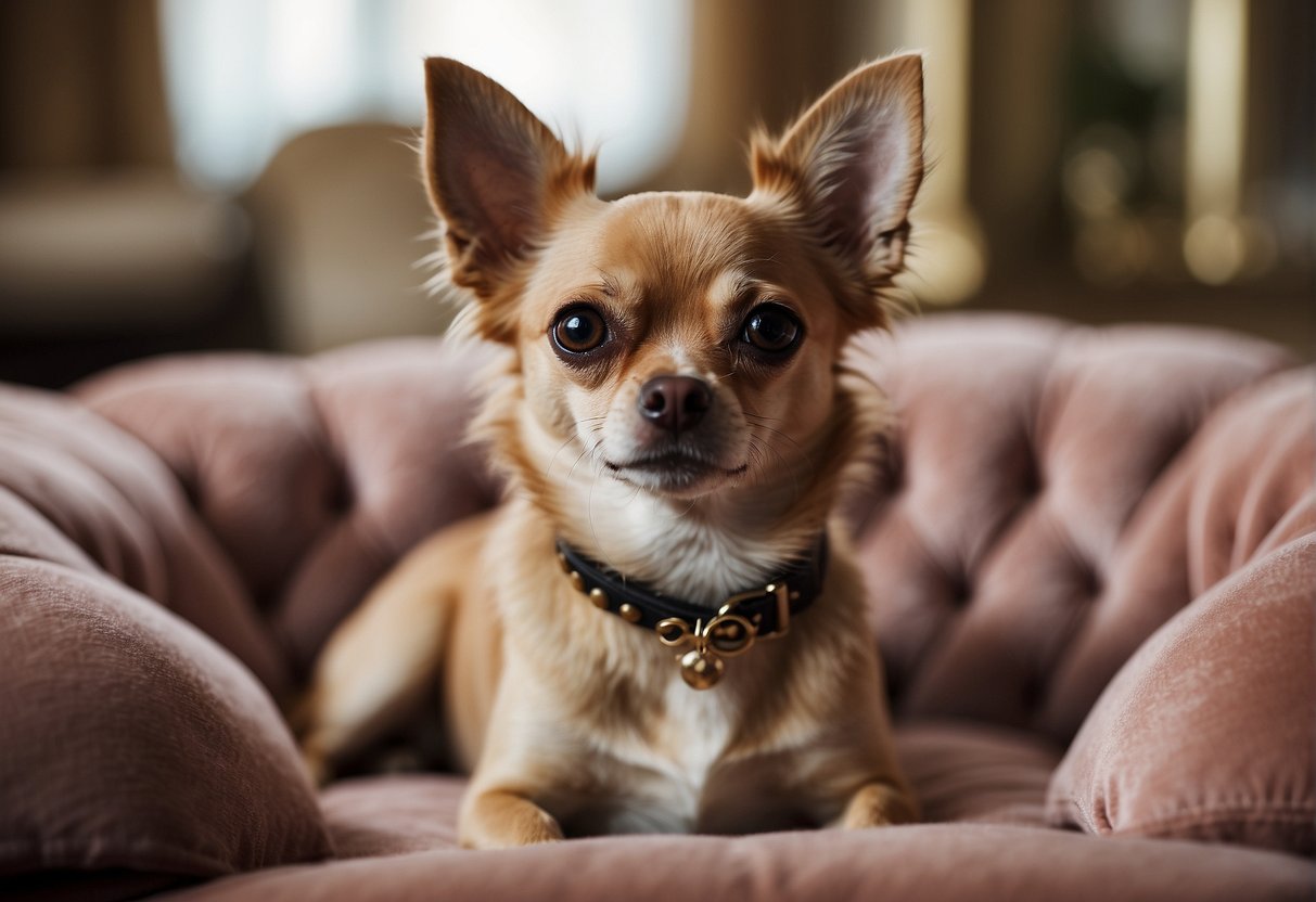 A chihuahua sits on a velvet cushion, surrounded by opulent decor. Its bright eyes and perky ears convey a sense of curiosity and playfulness