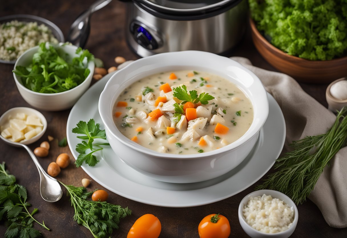 A steaming crockpot filled with creamy chicken wild rice soup, surrounded by fresh vegetables and herbs