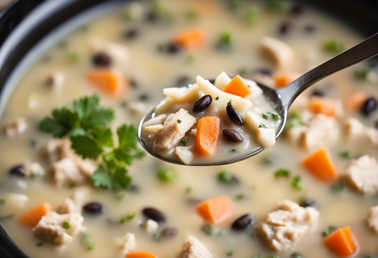 A bubbling crockpot filled with creamy chicken wild rice soup, steam rising and aromas filling the kitchen. Ingredients like carrots, celery, and tender chunks of chicken visible in the savory broth