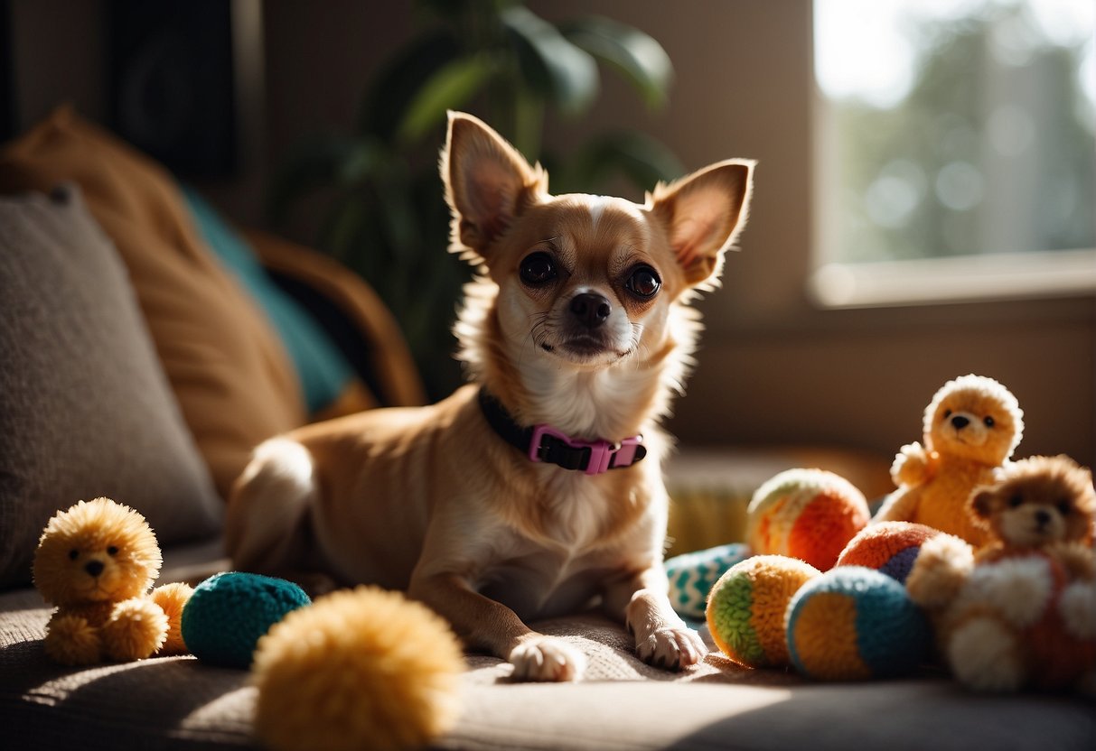 A chihuahua sits on a cozy cushion, surrounded by toys and a water bowl. The sunlight streams in through a window, casting a warm glow on the small dog