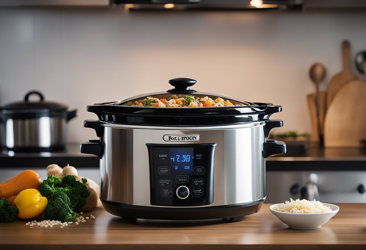 A crockpot sits on a kitchen counter, filled with chicken, wild rice, and vegetables. Steam rises from the bubbling soup, filling the room with a comforting aroma