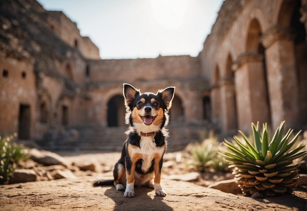 A historical setting with ancient Mexican ruins and a small, wild dog resembling a chihuahua