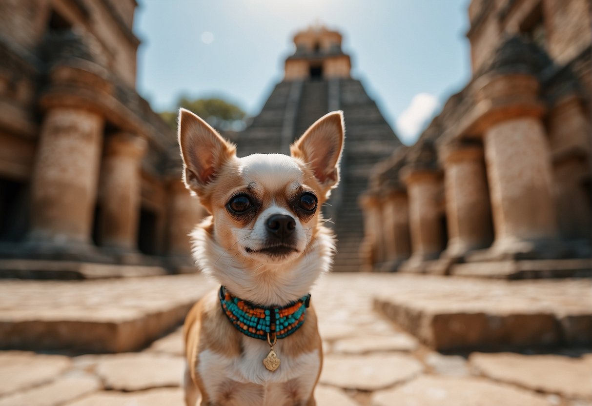 A Chihuahua stands proudly in front of a Mayan temple, symbolizing its ancient origins in Mexico. The vibrant colors and intricate details of the temple contrast with the small dog's confident stance