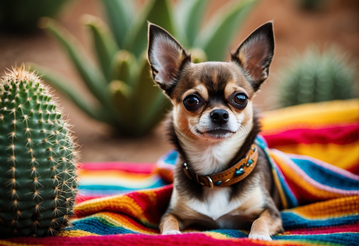 A Chihuahua sits on a colorful Mexican blanket, surrounded by cacti and desert plants. Its bright eyes and perky ears capture the essence of its origins