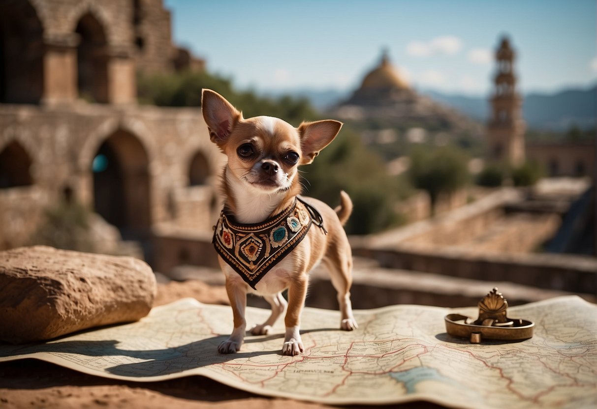 A chihuahua stands on a map of Mexico, surrounded by ancient ruins and traditional Mexican symbols