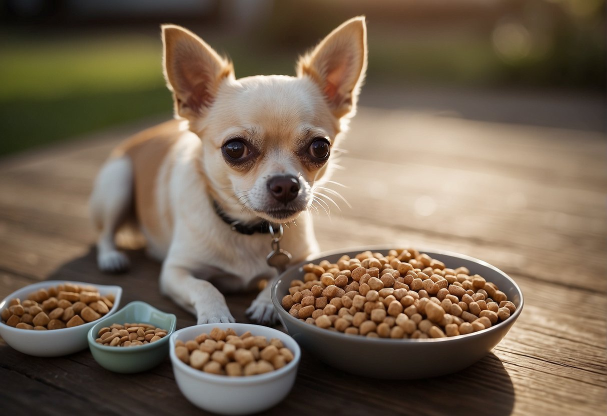 A chihuahua eating from a small bowl of high-quality dog food, surrounded by a variety of healthy dog treats and a water dish