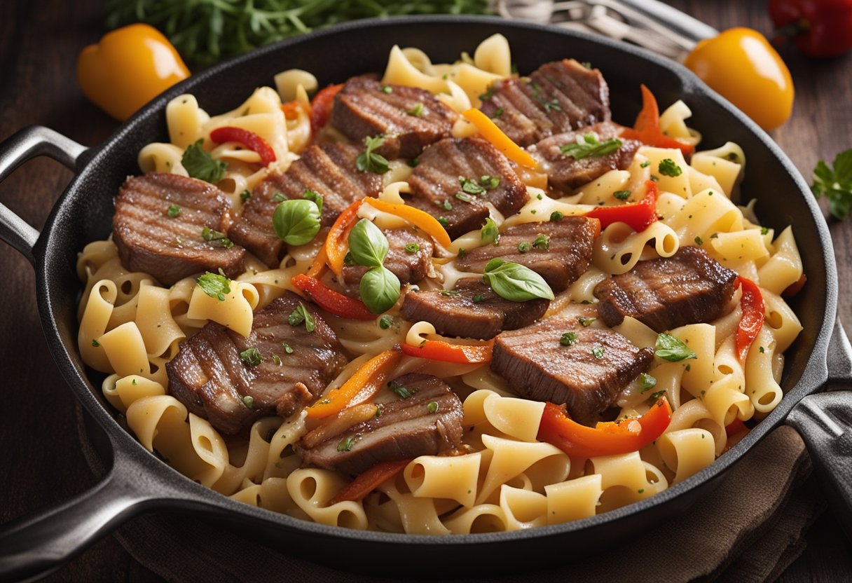 Sizzling skillet with sautéed onions, peppers, and thinly sliced steak, smothered in melted cheese over a bed of al dente pasta