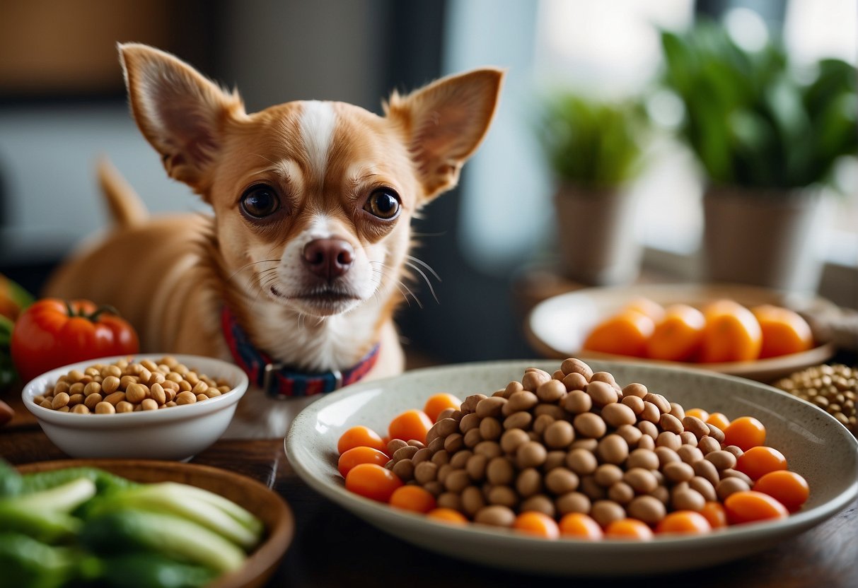A Chihuahua surrounded by a variety of high-quality dog food, including small kibble and fresh vegetables, with a bowl of water nearby