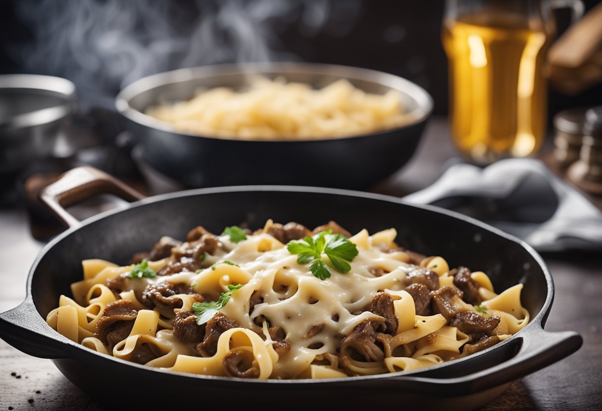 A sizzling skillet of Philly Cheesesteak Pasta, steaming with tender strips of beef, sautéed onions, and melted cheese, served over al dente pasta