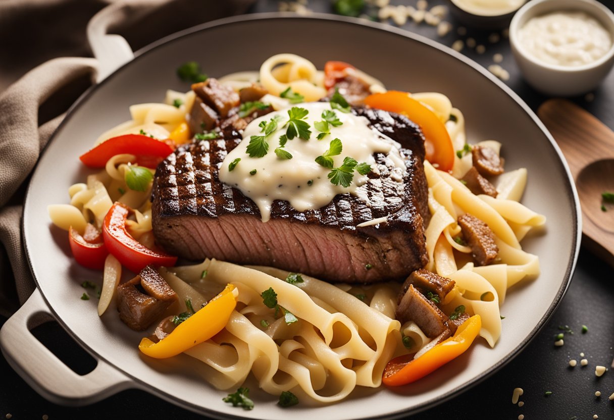 A sizzling pan of sautéed steak, onions, and bell peppers, tossed with al dente pasta and smothered in a creamy, melted cheese sauce