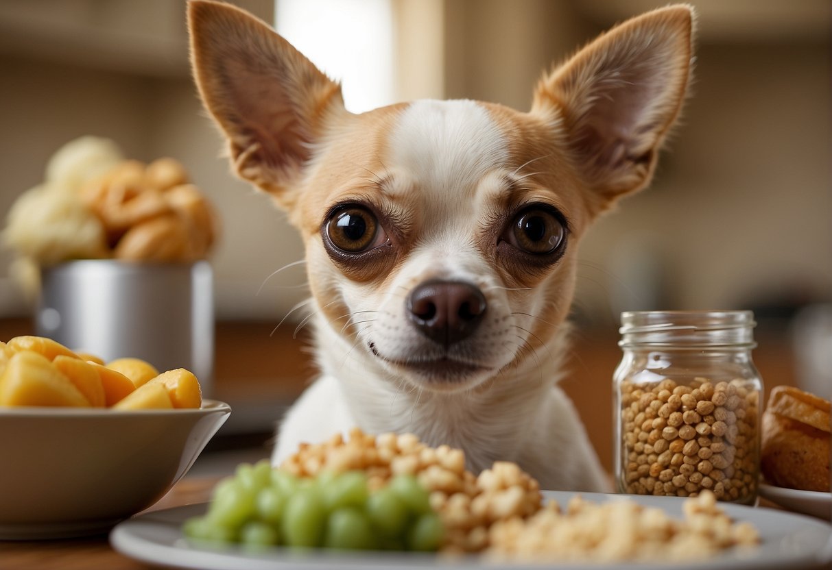 Recommended and avoided foods for a chihuahua, depicting a balanced diet with healthy ingredients and a list of harmful foods to avoid