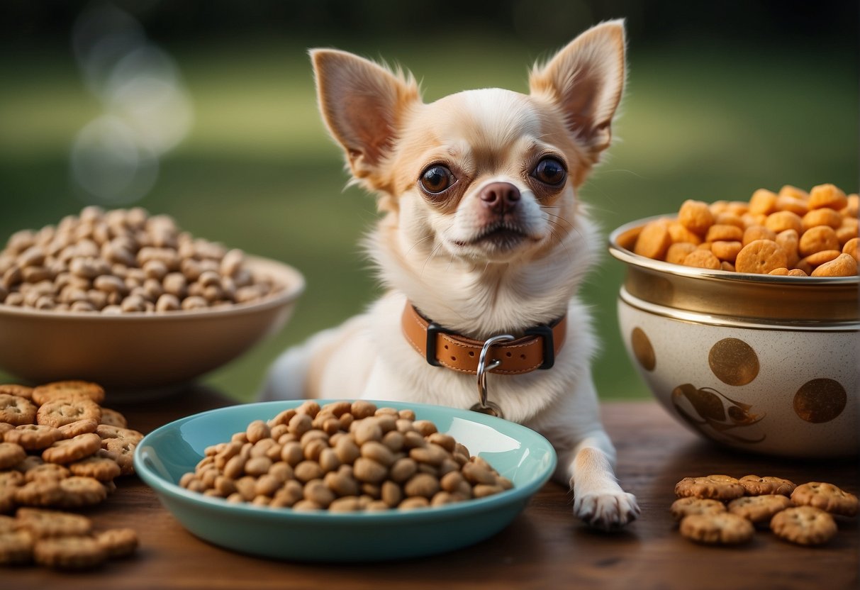 A chihuahua stands next to a bowl of high-quality dog food, surrounded by various healthy treats and a full water dish