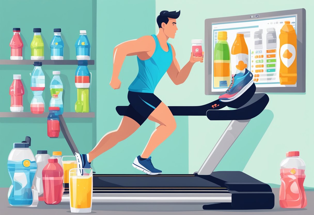 A runner on a treadmill with a heart rate monitor, surrounded by sports drinks and energy gels, with a poster showing the process of fat oxidation
