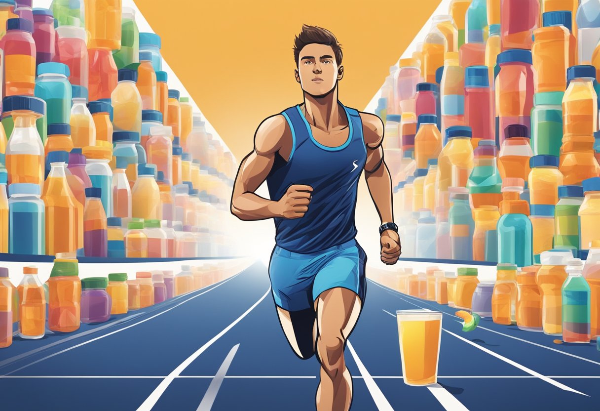 A runner on a track with a stopwatch, surrounded by sports drinks and energy gels. The runner is focused and determined, with a look of determination on their face
