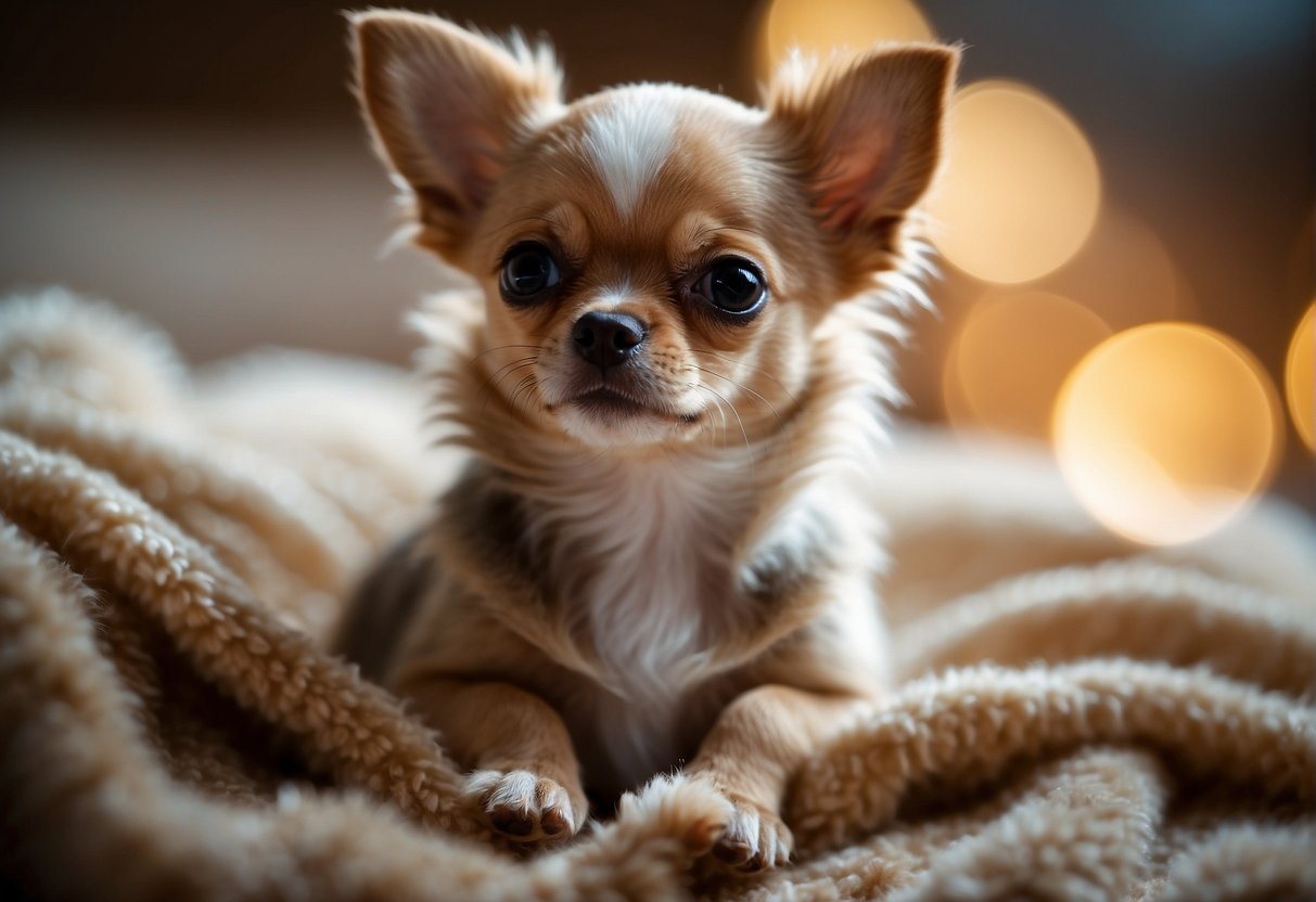 A small chihuahua puppy sits on a fluffy blanket, looking curiously at its tiny body as a few wisps of fur start to appear on its legs and back