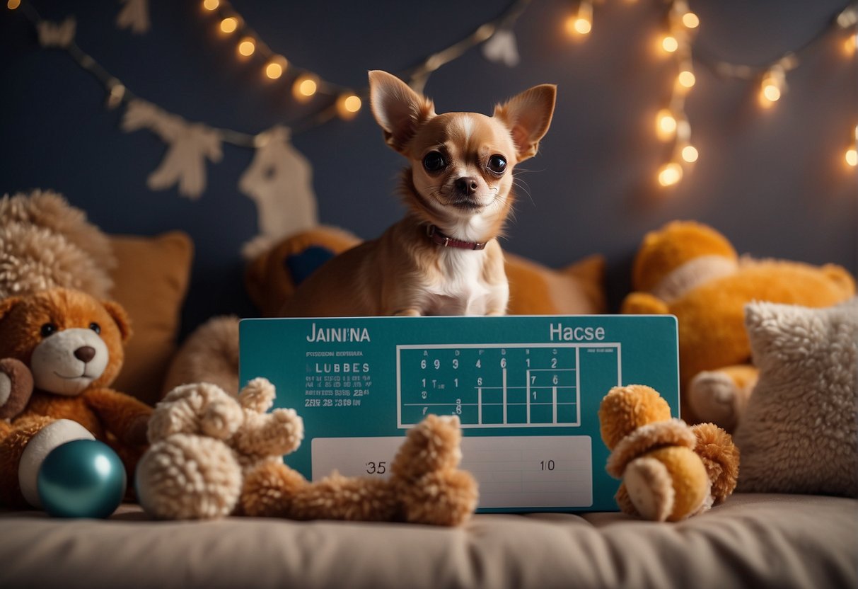A chihuahua sits on a cozy dog bed, surrounded by toys and treats, with a calendar on the wall showing the passage of time