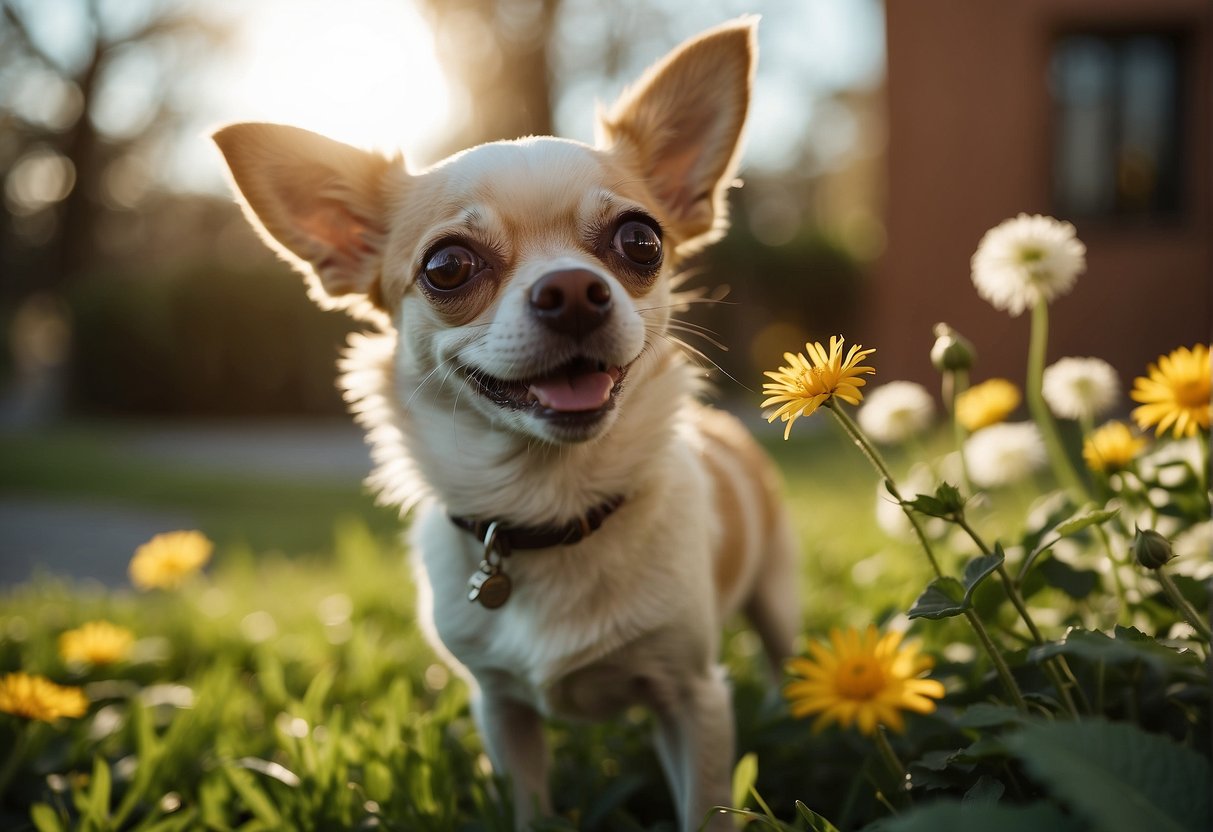 A lively Chihuahua, with a shiny coat and bright eyes, plays in a sunny garden. It looks healthy and happy, with a spring in its step