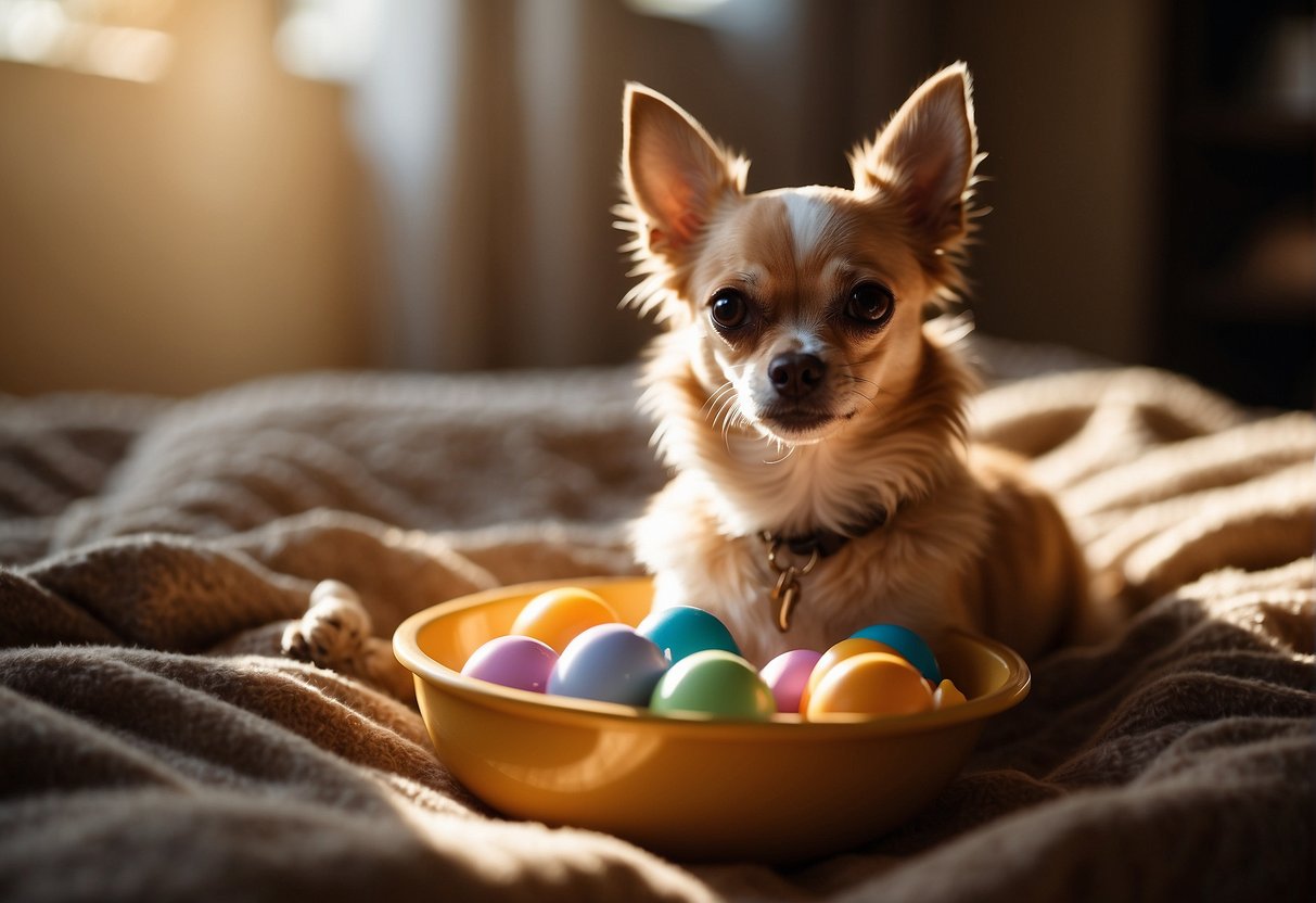 A chihuahua lounges in a cozy bed, surrounded by toys and a bowl of water. Sunlight streams through a nearby window, casting a warm glow on the small dog