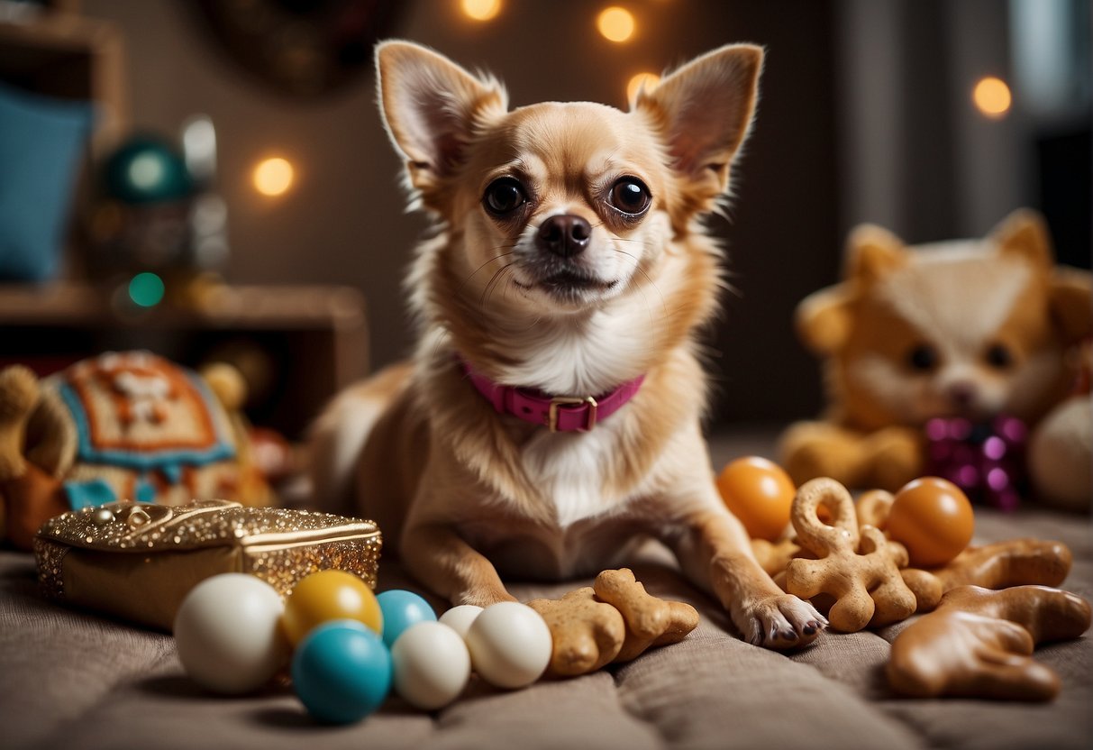 A chihuahua dog sitting on a cozy cushion, surrounded by toys and treats. A calendar on the wall shows the passing of years