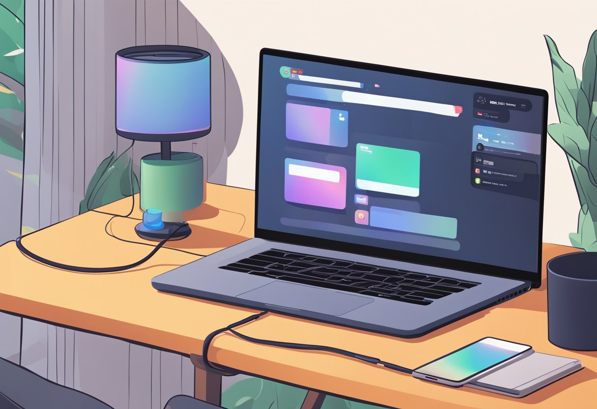 A laptop with a Discord window open, next to a TV with Netflix on screen. Cables connect the laptop to the TV