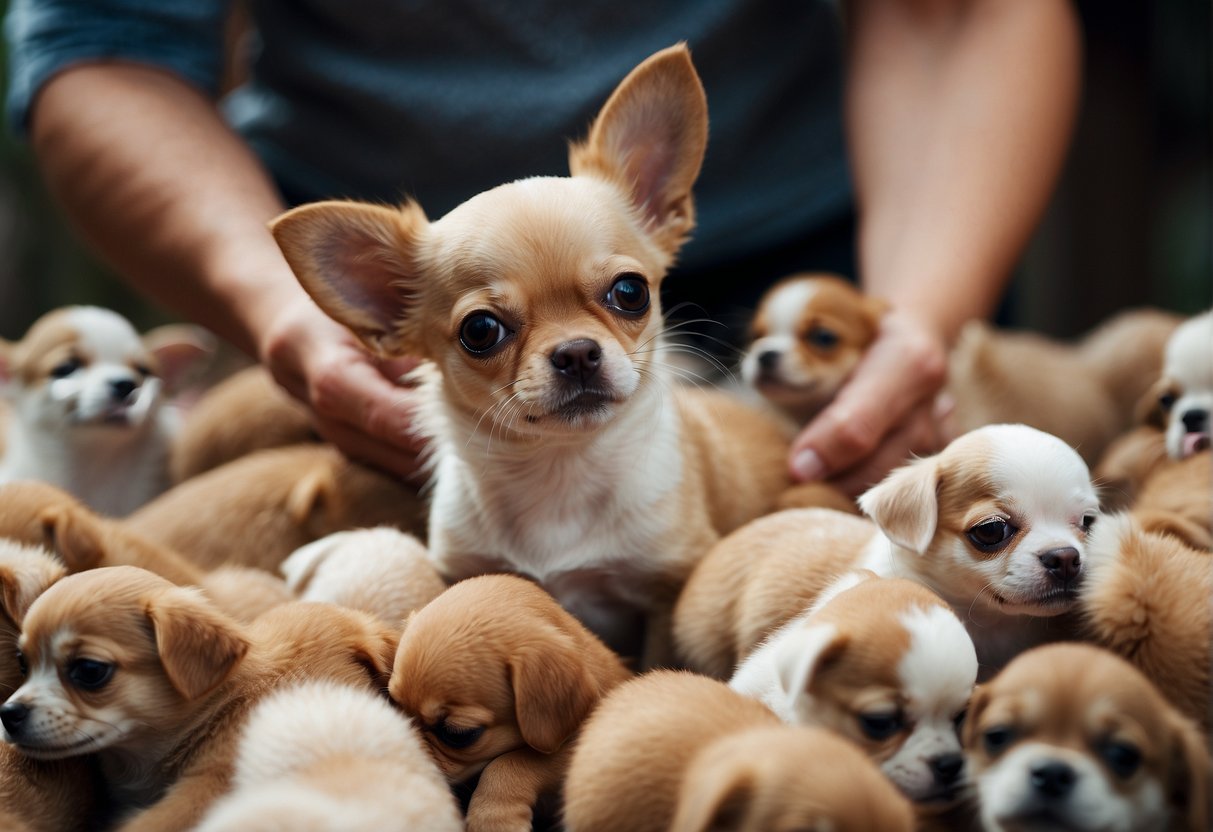 A person carefully selecting a Chihuahua from a group of puppies, observing their size, coat color, and temperament