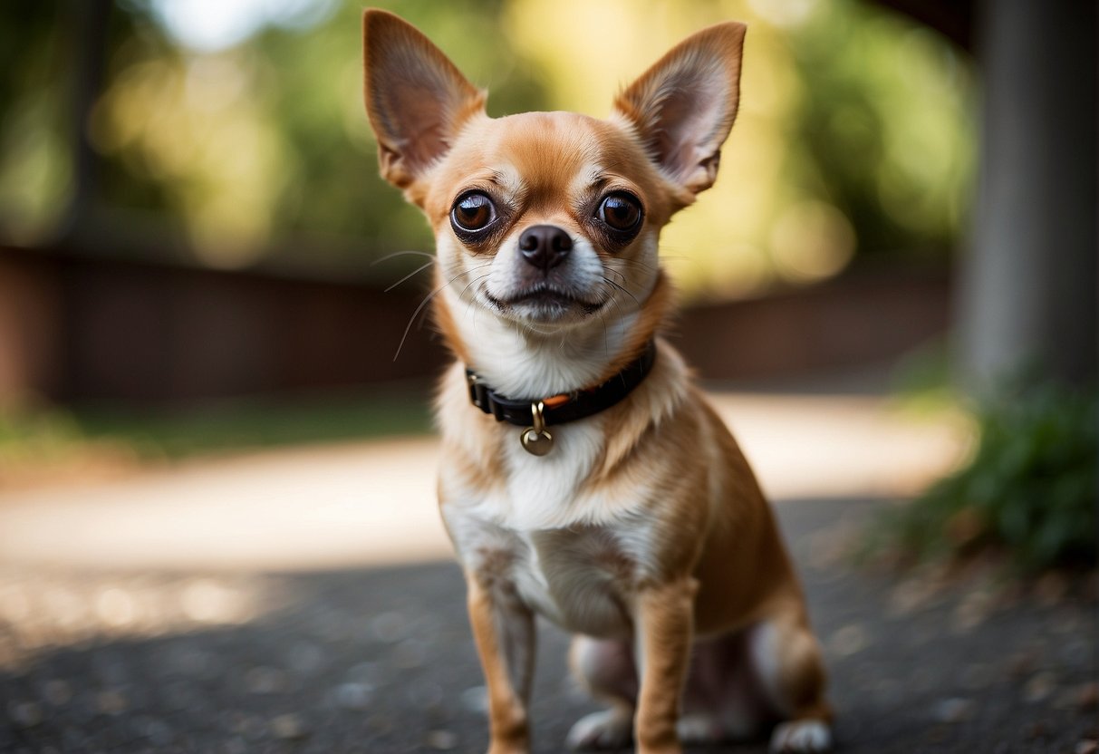 A Chihuahua stands alert, with large, round eyes and pointed ears. Its short, smooth coat comes in various colors. The dog exudes confidence and curiosity, with a lively and energetic demeanor