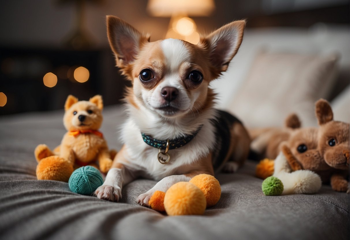 A Chihuahua exploring its new home, with toys and a cozy bed nearby