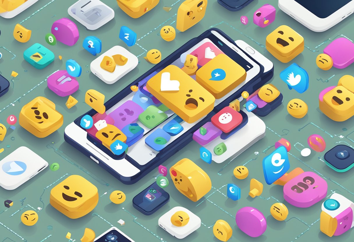 A smartphone with a verification code screen displayed, surrounded by scattered and frustrated emojis