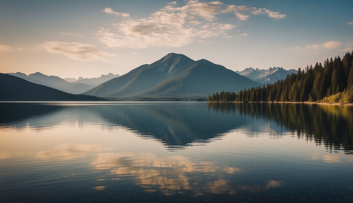 A vast expanse of water surrounded by land, stretching as far as the eye can see. The lake's shimmering surface reflects the sky and mountains in the distance