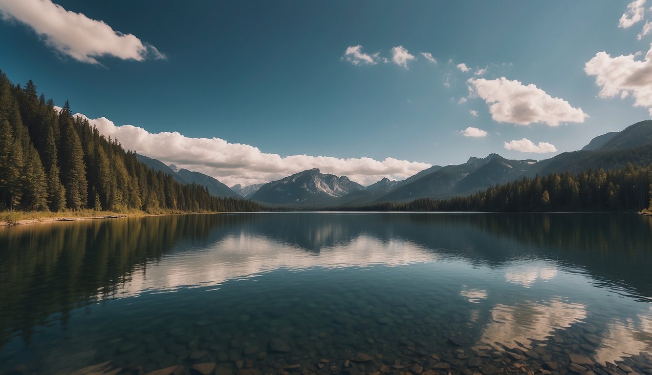 A vast, serene lake surrounded by mountains and forests, reflecting the sky and creating a sense of tranquility and natural beauty