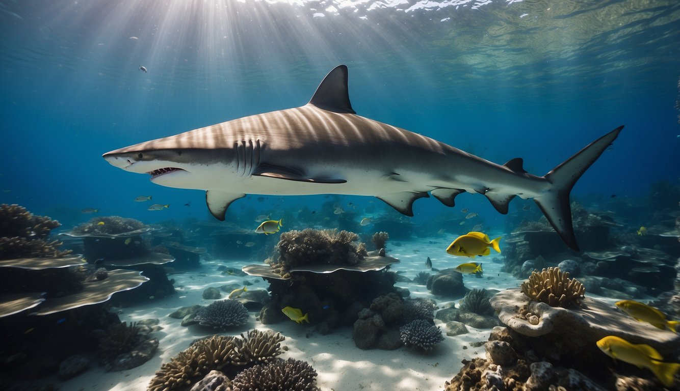 Sharks swimming in clear blue waters, surrounded by other marine life. A diverse ecosystem with healthy coral reefs and abundant fish