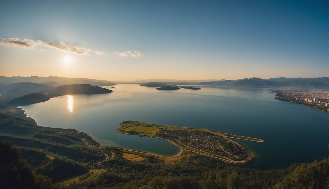 The largest lake in the world, surrounded by bustling cities and serene countryside, reflects the cultural and economic significance of the region