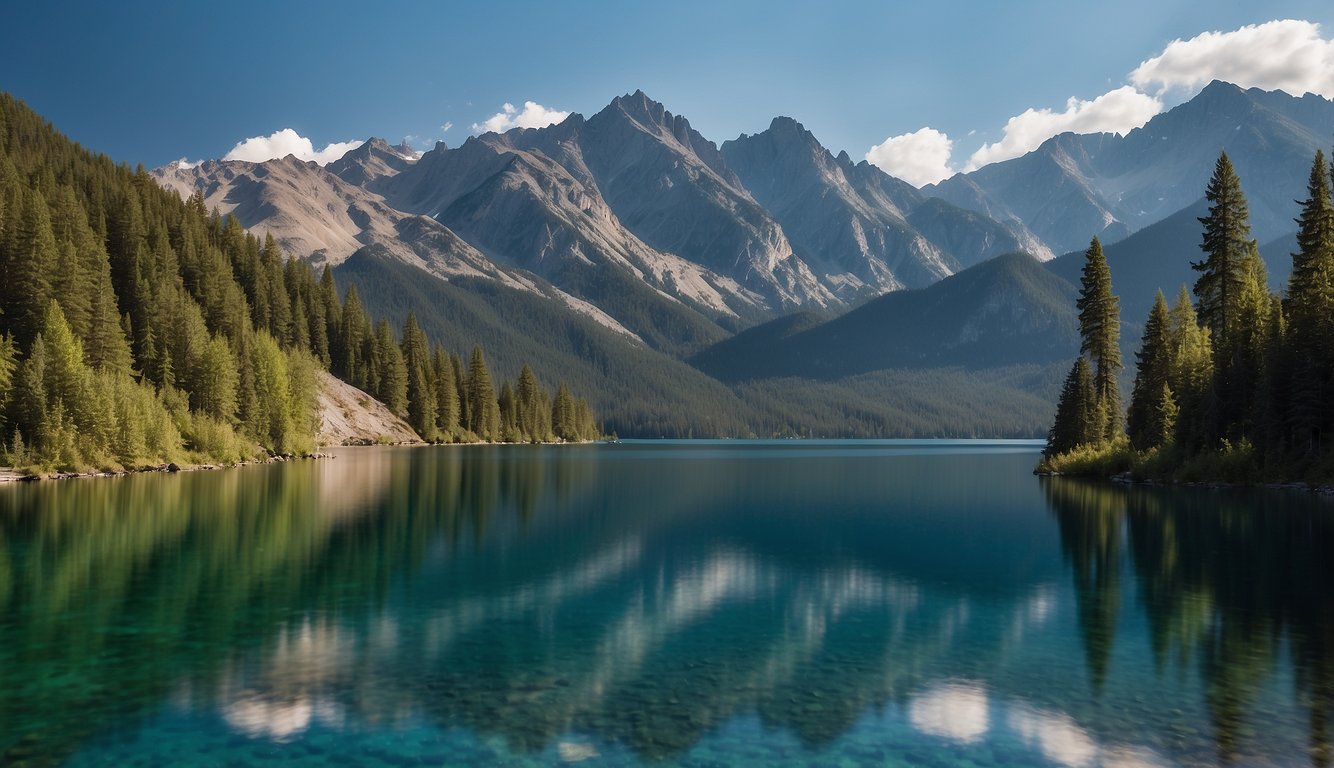 A vast, serene lake surrounded by towering mountains and lush forests, with clear blue waters reflecting the sky above