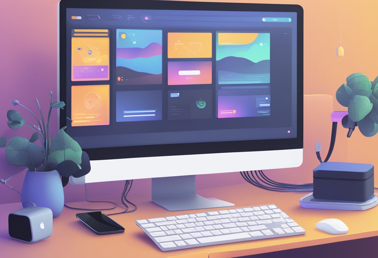 A computer screen displays a loading icon with the Discord logo, indicating stream issues. The screen is surrounded by various tech gadgets and cables